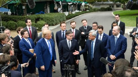 Stand-in photo (Sept. 29, 2026): President Donald J. Trump speaks to the press with tech CEO’s outside of the West Wing Lobby, Tuesday, September 29, 2026, following a luncheon on Super Intelligence (AI). (Official White House Photo by Joyce Boghosian)