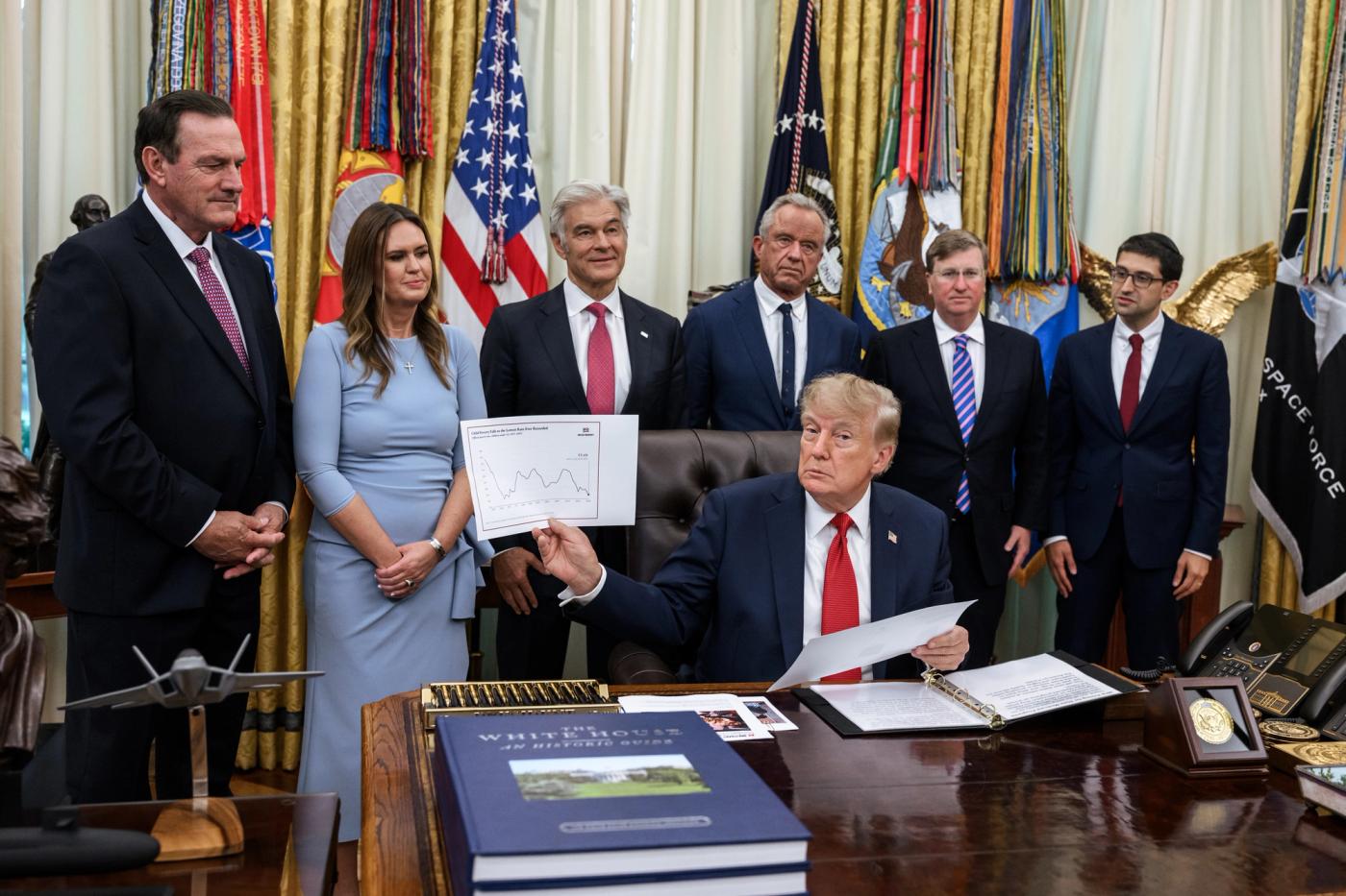 President Trump at the Resolute Desk holding a U.S. drug-price comparison chart during the Most Favored Nation pricing announcement for state Medicaid programs, Oval Office, September 18, 2026. Official White House Photo by Joyce N. Boghosian. Not a same-day still of the September 30, 2026 GLOBE Part B finalization.