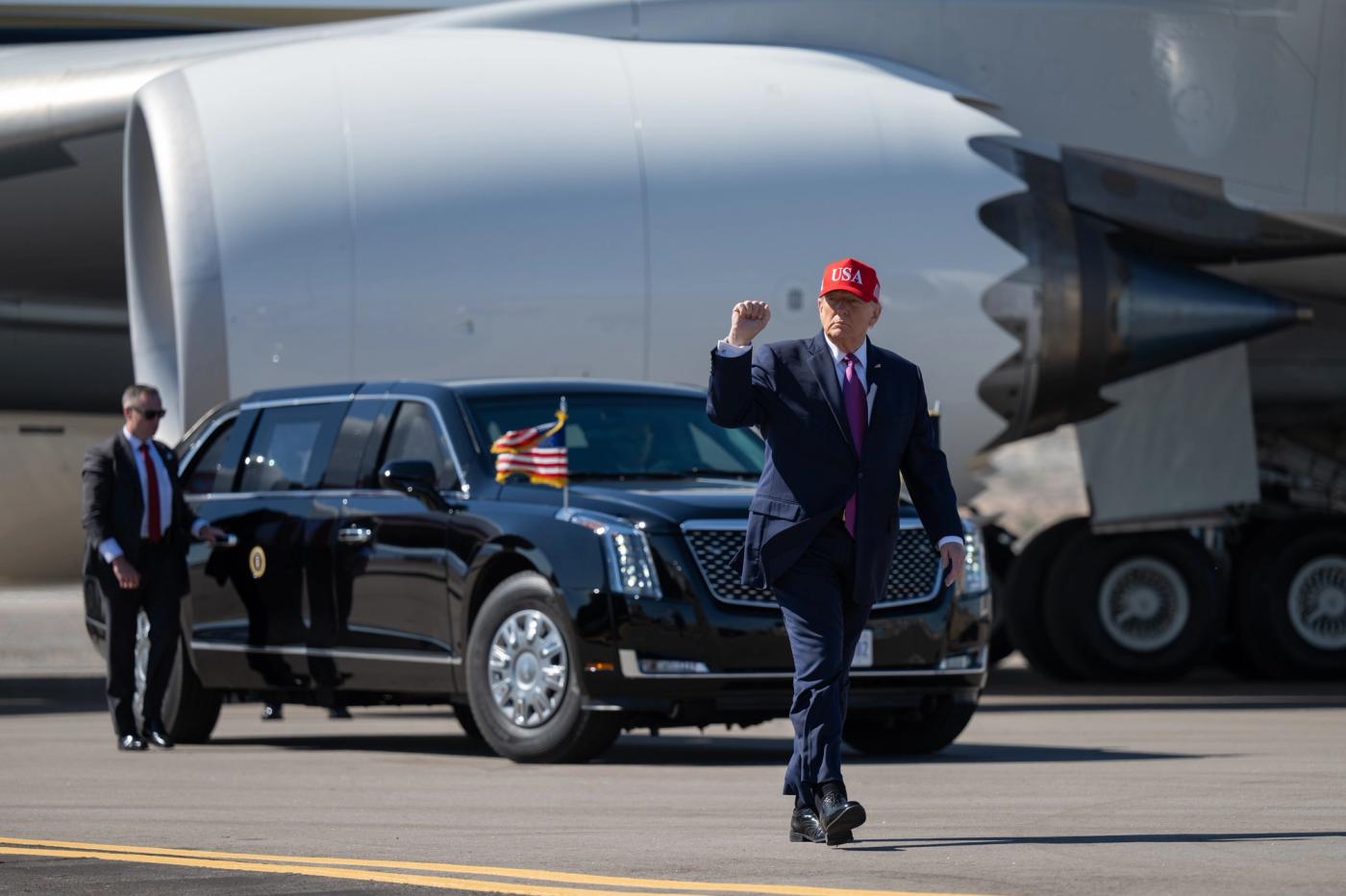 Stand-in photo (October 14, 2026): President Donald J. Trump waves as he walks from Air Force One at Laughlin/Bullhead International Airport in Bullhead City, Arizona, October 14, 2026 (Official White House Photo by Molly Riley / public domain)