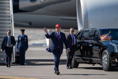Stand-in photo (October 14, 2026): President Donald J. Trump waves as he disembarks Air Force One at Laughlin/Bullhead International Airport in Bullhead City, Arizona, October 14, 2026 (Official White House Photo by Molly Riley / public domain)