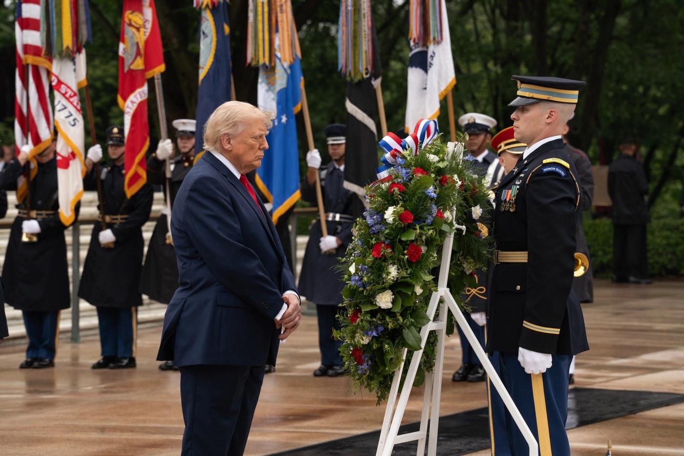 Stand-in photo (May 25, 2026): President Donald J. Trump observes a moment of silence at the Tomb of the Unknown Soldier, Arlington National Cemetery, May 25, 2026 (U.S. Army photo / public domain)