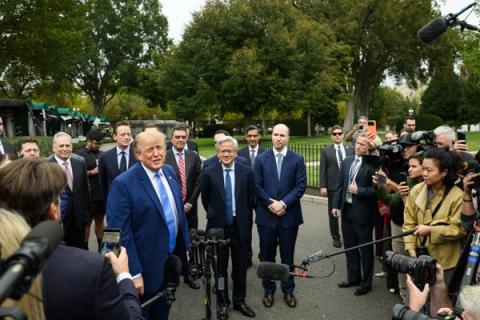 Interim: President Donald J. Trump speaks to the press with tech CEOs outside of the West Wing Lobby, Tuesday, September 29, 2026, following a luncheon on Super Intelligence (AI). (Official White House Photo by Joyce Boghosian, P20260929JB-0074)