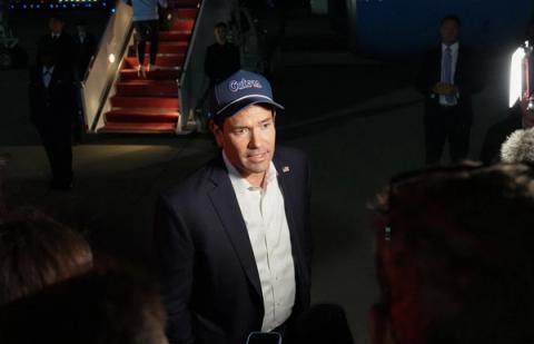 Secretary Marco Rubio talks with the press before leaving for Samarkand, Mumbai, and Jamnagar at Joint Base Andrews in Camp Springs, Maryland, October 17, 2026. (Official State Department photo by Freddie Everett)