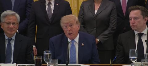 President Trump speaks at the September 29, 2026 East Room Super Intelligence lunch, seated between Jensen Huang and Elon Musk (Official White House video still)