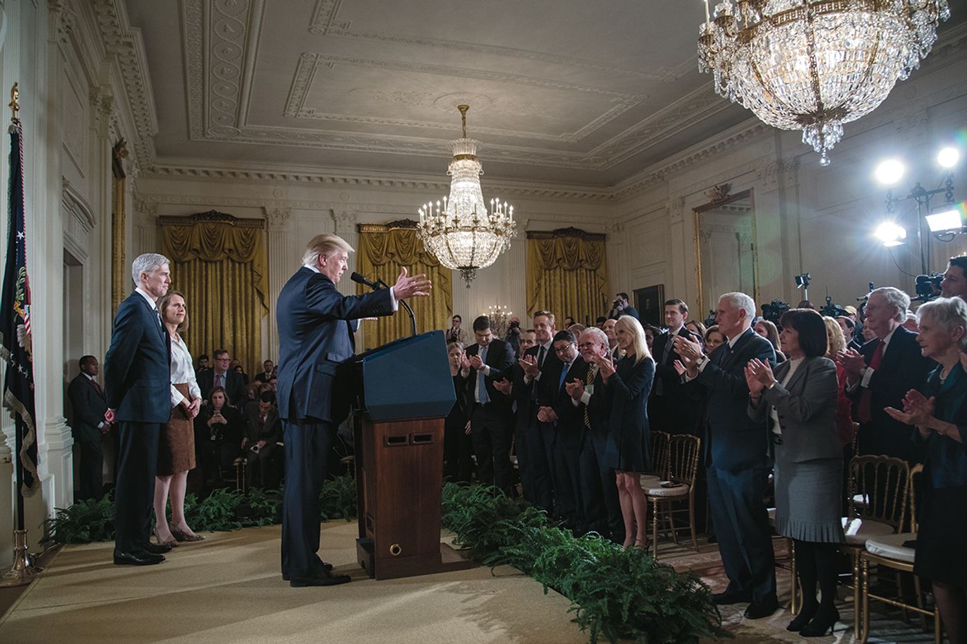 President Donald Trump announces Judge Neil Gorsuch as his nominee to the Supreme Court from a White House podium. Official White House Photo (public domain).