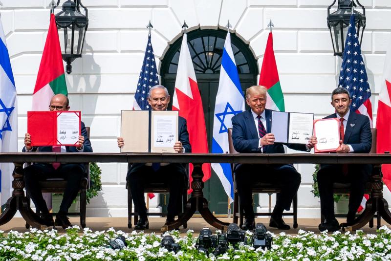 President Donald Trump participates in the Abraham Accords signing ceremony at the White House with Middle East leaders. Official White House Photo (public domain).