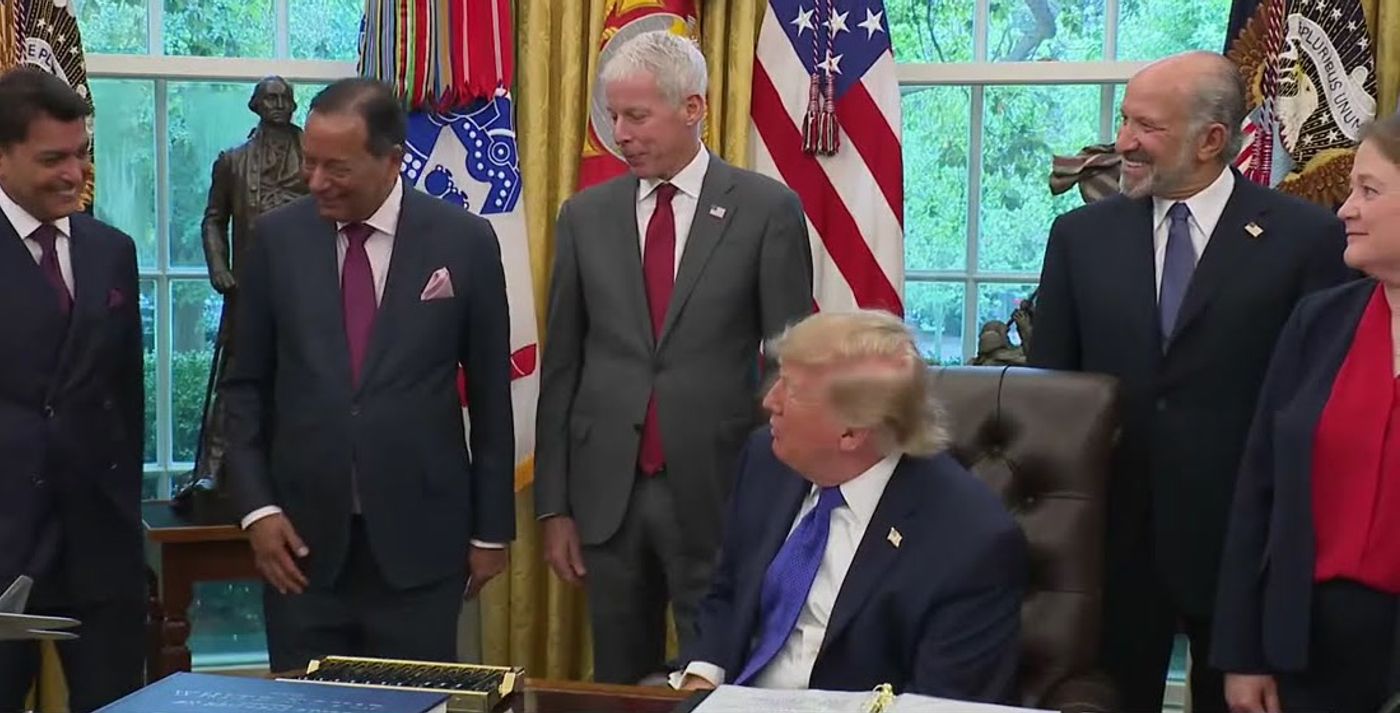 President Trump in the Oval Office with Iowa Republicans and industry leaders during the Iowa steel jobs announcement, September 28, 2026 (Official White House video still)