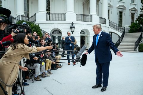President Trump speaks with members of the media on the South Lawn before departing on his midterm barnstorm, October 3, 2026 (Official White House Photo by Joyce N. Boghosian)