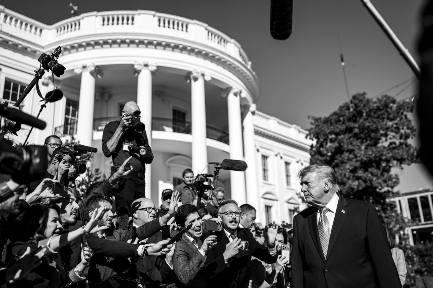 President Donald J. Trump with members of the press on the South Lawn of the White House, October 19, 2026 (Official White House photo posted by @WhiteHouse / public domain)