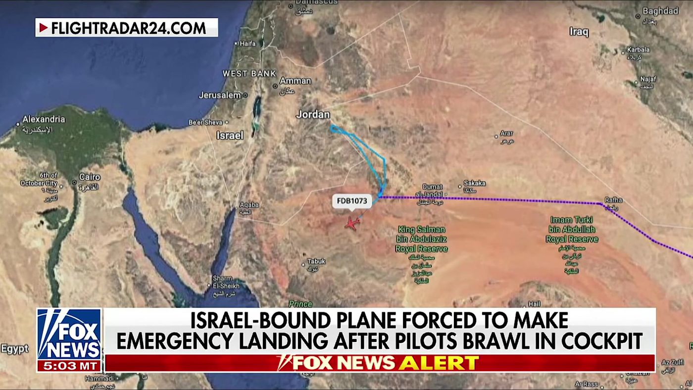 Flightradar24 map of flydubai FZ1073 (FDB1073) diverting over northwest Saudi Arabia toward Tabuk, September 30, 2026. Frame from The Patriot Oasis clip of the Fox News report. No people, no graphic imagery.