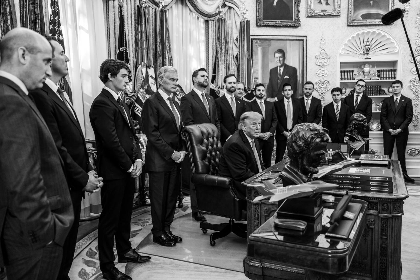 President Donald J. Trump in the Oval Office with Vice President JD Vance and Department of Justice officials announcing the Fraud Whistleblower Incentive Program, October 20, 2026 (Official White House Photo by Joyce N. Boghosian / public domain)