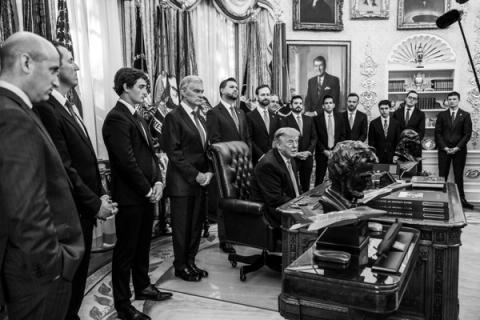 President Donald J. Trump in the Oval Office with Vice President JD Vance and Department of Justice officials announcing the Fraud Whistleblower Incentive Program, October 20, 2026 (Official White House Photo by Joyce N. Boghosian / public domain)
