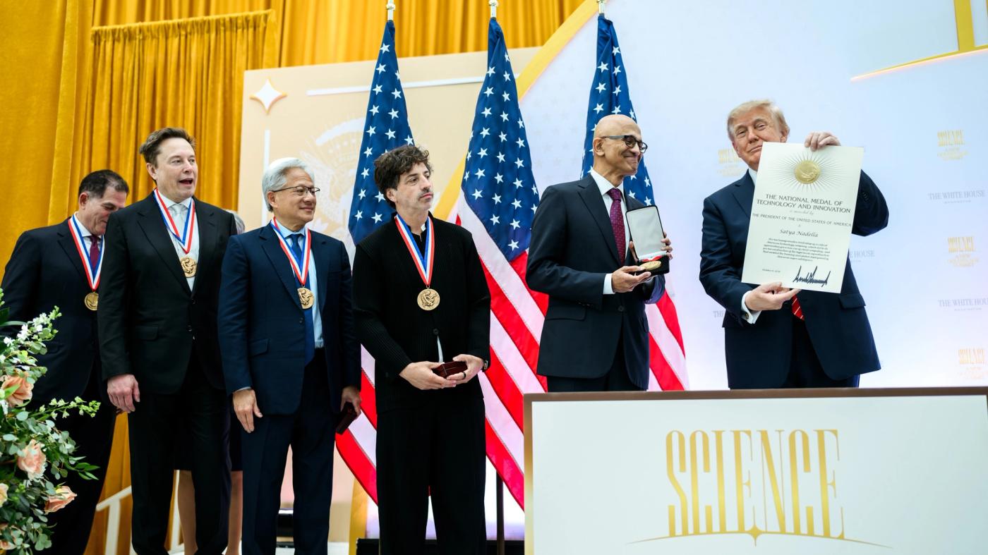 President Donald J. Trump presents the National Medal of Science to tech company leaders at a “New Golden Age” summit with tech and science leaders at the Donald J. Trump Institute of Peace in Washington, D.C., Thursday, October 8, 2026. (Official White House Photo by Daniel Torok)