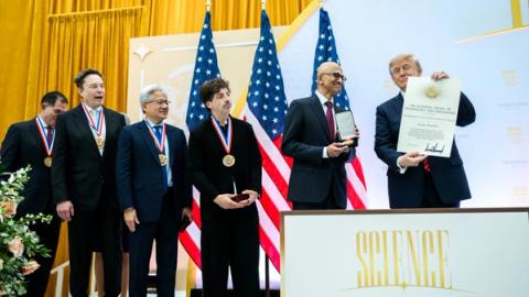 President Donald J. Trump presents the National Medal of Science to tech company leaders at a “New Golden Age” summit with tech and science leaders at the Donald J. Trump Institute of Peace in Washington, D.C., Thursday, October 8, 2026. (Official White House Photo by Daniel Torok)