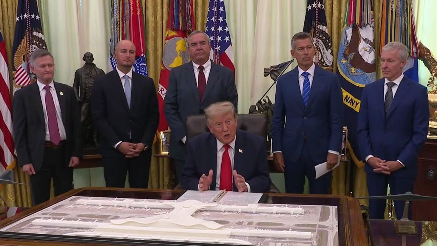 Interim: President Donald J. Trump makes an announcement with the Secretary of Transportation at the White House, July 2026 (frame from the official White House video, lower banner cropped).