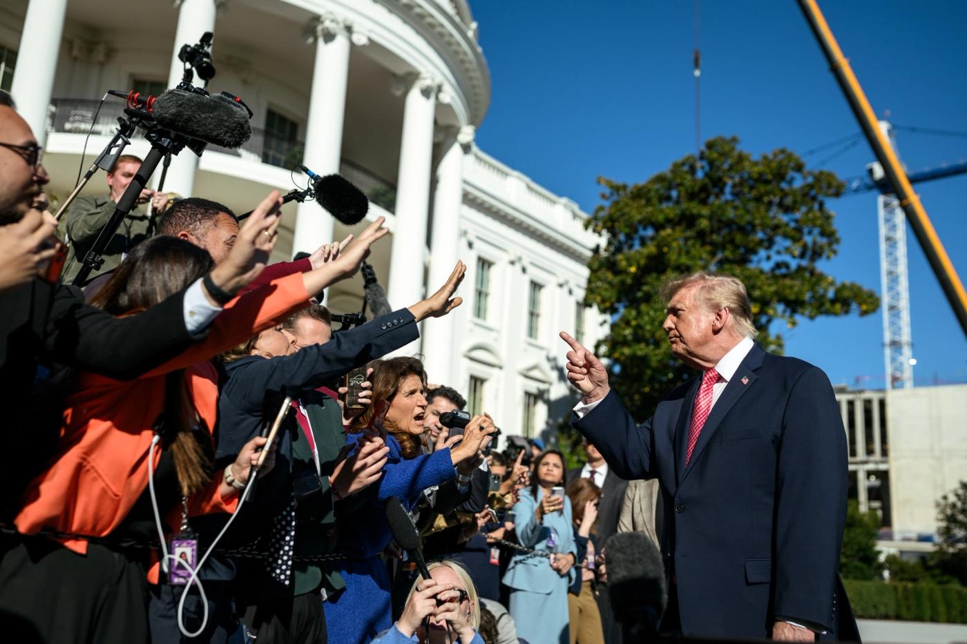 Stand-in photo (October 19, 2026): President Donald J. Trump speaks with members of the media on the South Lawn before departing on Marine One, October 19, 2026 (Official White House Photo by Joyce N. Boghosian / public domain)
