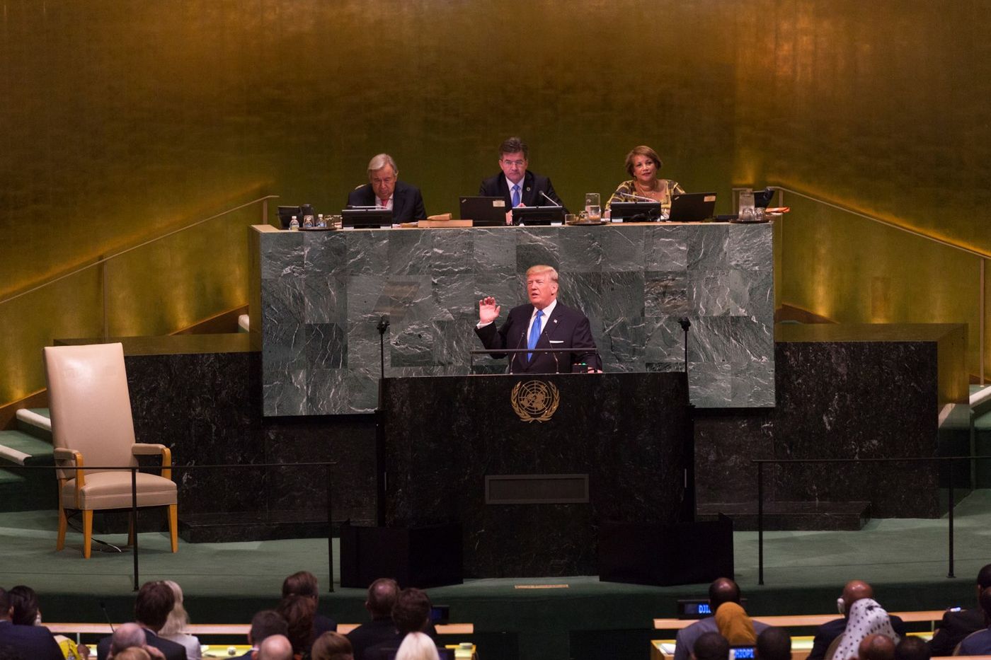 President Donald Trump addresses the 72nd Session of the United Nations General Assembly from the UNGA podium. Official White House Photo by D. Myles Cullen (public domain).