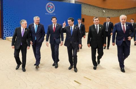 Secretary Marco Rubio attends the C5+1 Ministerial in Samarkand, Uzbekistan, October 19, 2026. From left: Kyrgyzstan's Foreign Minister Jeenbek Kulubayev, Kazakhstan's Foreign Minister Mukhtar Tileuberdi, Rubio Uzbekistan's Foreign Minister Bakhtiyor Saidov, Kazakhstan's Foreign Minister Mukhtar Tileuberdi, Turkmenistan's Foreign Minister Rashid Meredov, and Tajikistan's Foreign Minister Sirojiddin Muhriddin. (Official State Department photo by Freddie Everett)