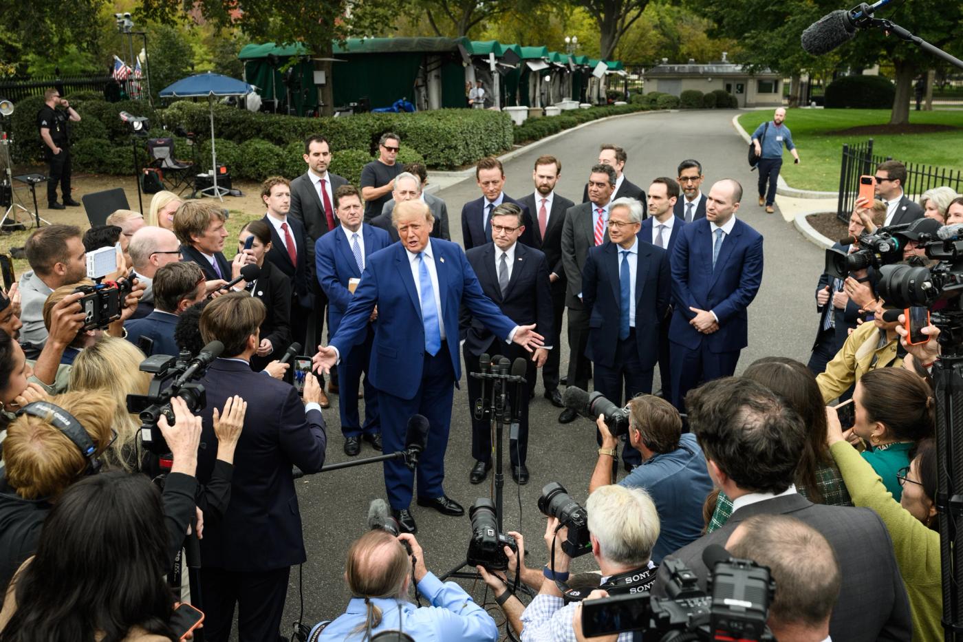 Interim: President Donald J. Trump speaks to the press with tech CEOs outside of the West Wing Lobby, Tuesday, September 29, 2026, following a luncheon on Super Intelligence (AI). (Official White House Photo by Joyce Boghosian, P20260929JB-0164)