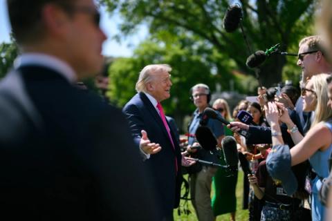 President Trump speaks with reporters on the South Lawn, April 16, 2026 — Official White House Photo (P20260416MR-0534), interim until a Bayer campus still posts. Not the October 3 departure frame.