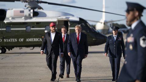 President Donald J. Trump disembarks Marine One at Joint Base Andrews, Maryland on Monday, October 12, 2026, with Jake Paul and boards Air Force One en route Youngstown, Ohio. (Official White House photo by Joyce N. Boghosian)