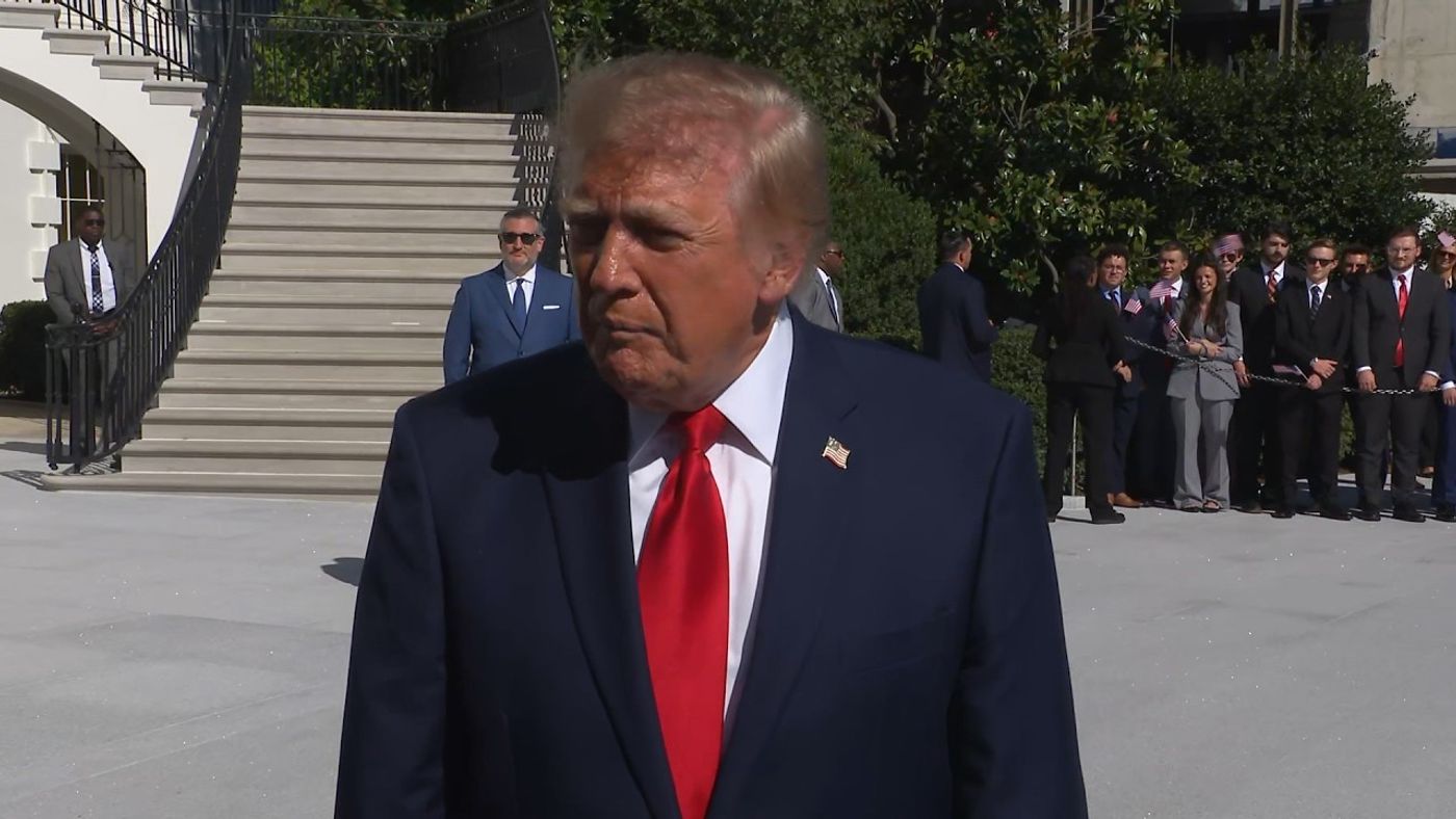 President Trump speaks with reporters on the South Lawn of the White House before departing for San Antonio, Texas, October 7, 2026 (still from Official White House video)
