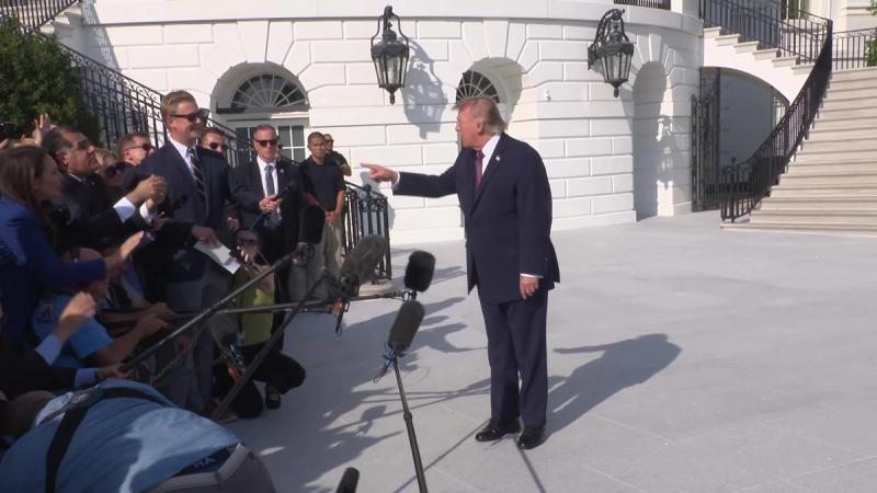 President Donald J. Trump takes questions from the press on the South Lawn before departing the White House, Friday, October 2, 2026 (frame from the official White House video of the departure gaggle).