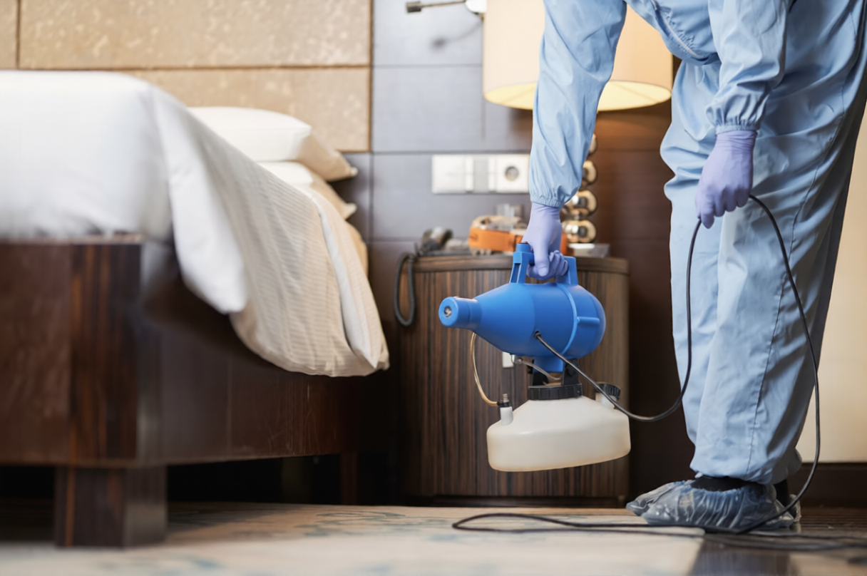 un expert traite les cafards dans une chambre