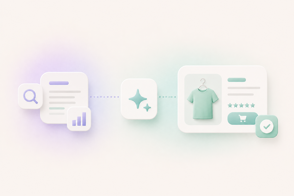 Illustration showing the shift from traditional SEO optimization to AI-driven product recommendations and discovery.