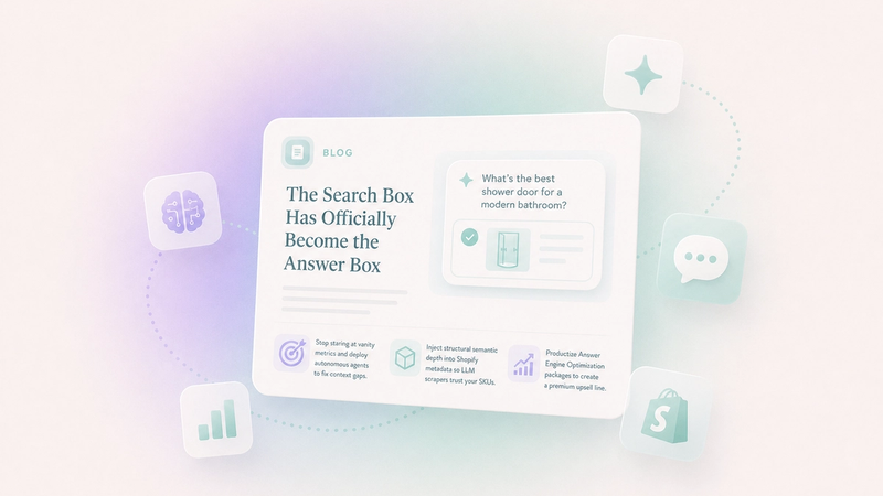 Illustration of a modern AI-powered Shopify optimization dashboard showing the shift from traditional search to AI search. A floating blog-style interface is surrounded by icons representing AI, analytics, chat, Shopify, and automation, highlighting Generative Engine Optimization (GEO), autonomous AI agents, and AI visibility across platforms like ChatGPT and Gemini. Minimal pastel gradients and a clean SaaS-inspired design emphasize AI search optimization and agentic commerce.