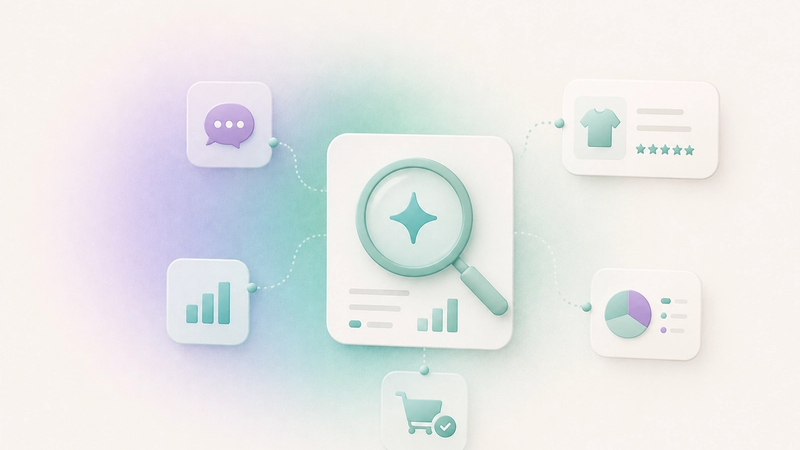 llustration of an AI visibility intelligence engine analyzing ecommerce data, customer conversations, product information, and performance signals to improve AI recommendations and product discovery.