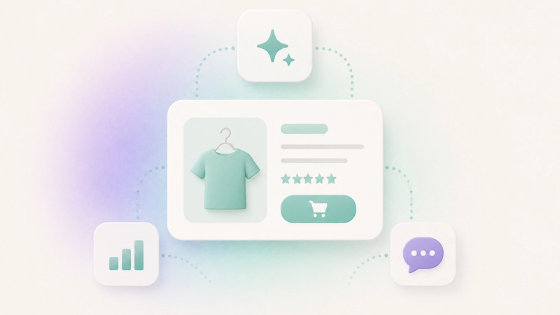Illustration of AI-driven product discovery and shopping, showing how AI systems analyze product information, customer signals, and store data to help shoppers find and purchase products.