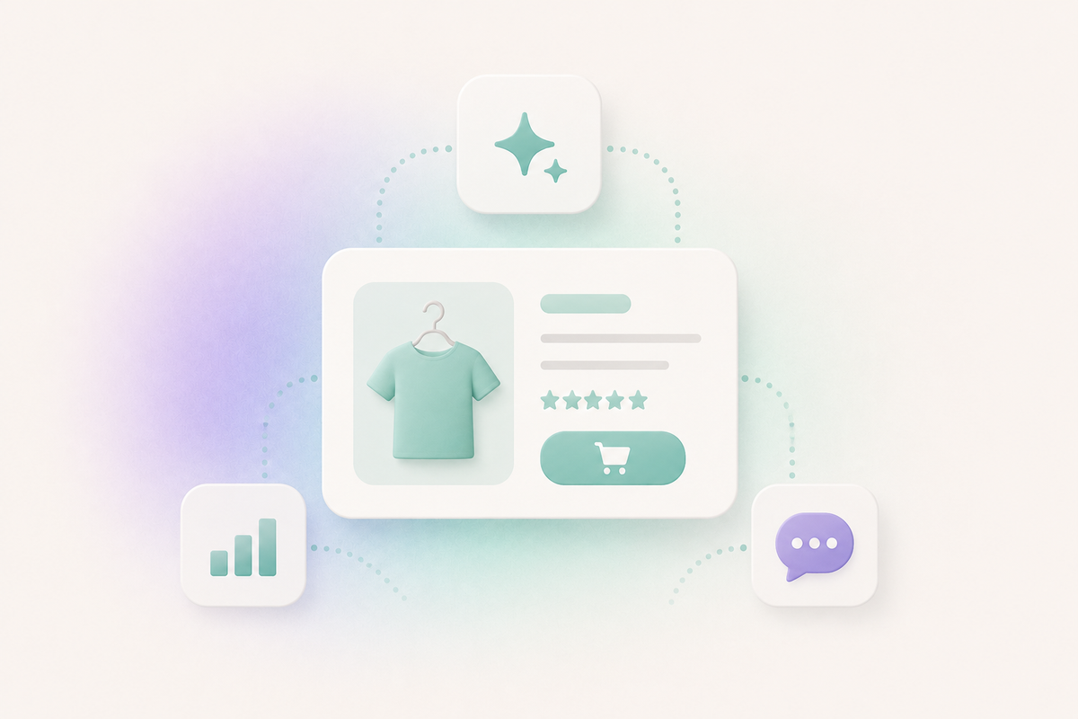 Illustration of AI-driven product discovery and shopping, showing how AI systems analyze product information, customer signals, and store data to help shoppers find and purchase products.
