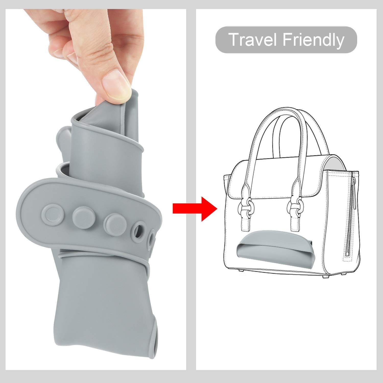 Flexible and travel-friendly silicone toddler bib rolled up for diaper bag
