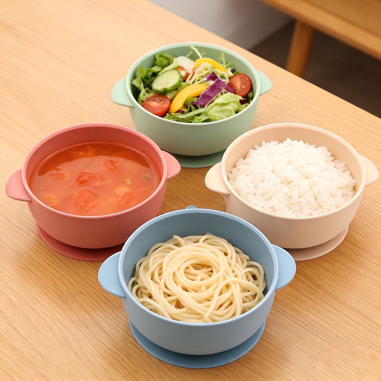 Wholesale beige silicone toddler weaning bowl with stay-put suction base and side tabs