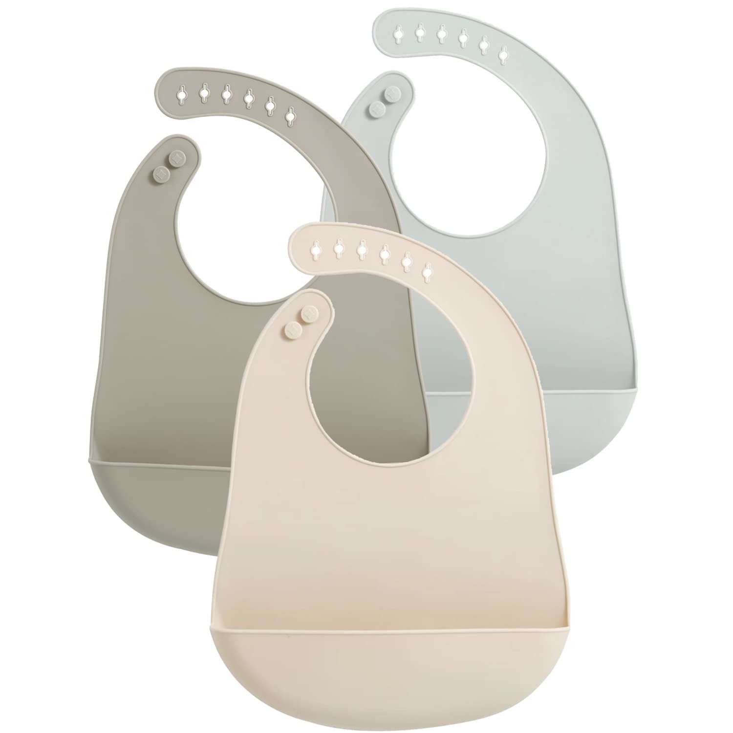 Wholesale set of 3 neutral solid color silicone baby bibs with food catcher