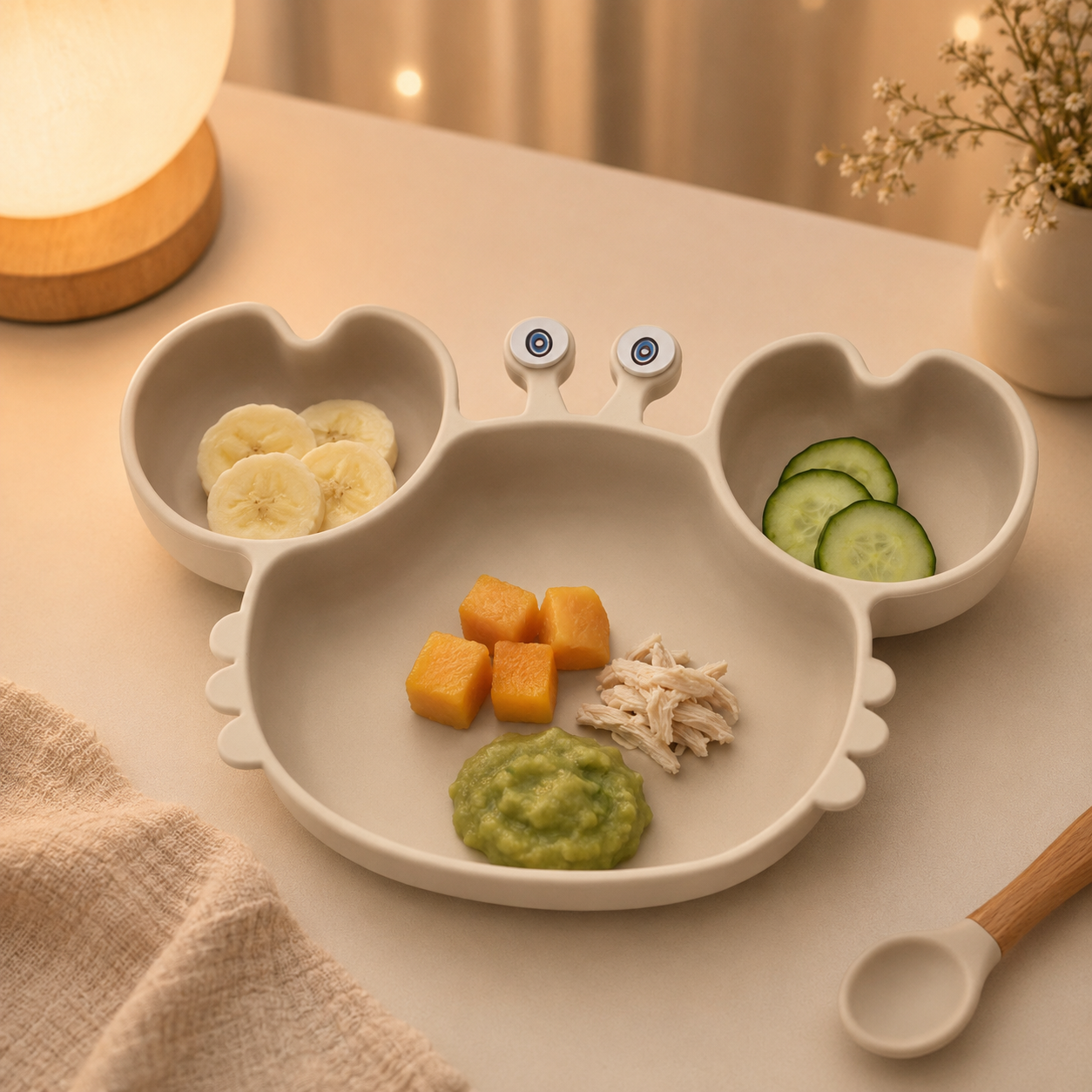 Wholesale cute crab shaped silicone baby suction plate beige