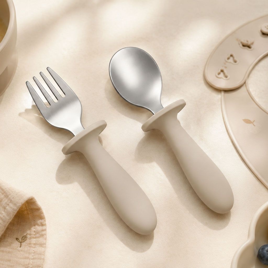 Wholesale beige stainless steel baby spoon and fork set with silicone anti choke shield