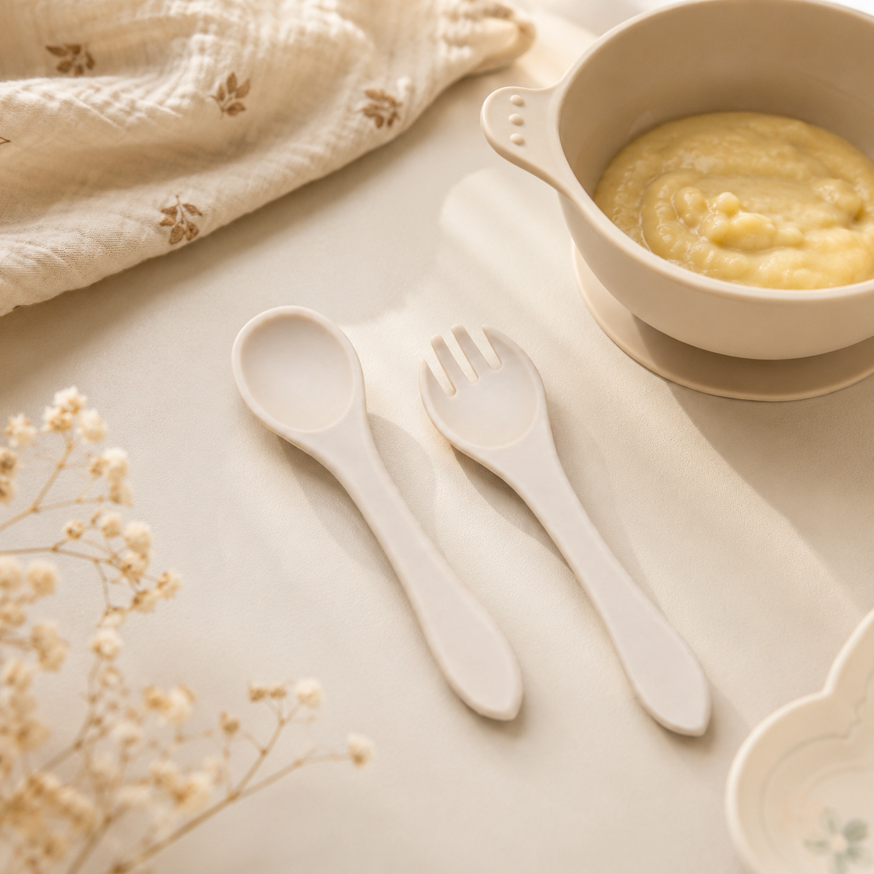 Long ergonomic handle on silicone baby spoon for reaching food jars