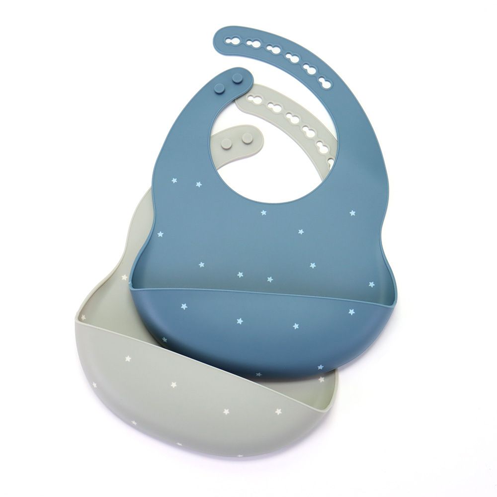 Printed star waterproof silicone baby bib with crumb catcher wholesale