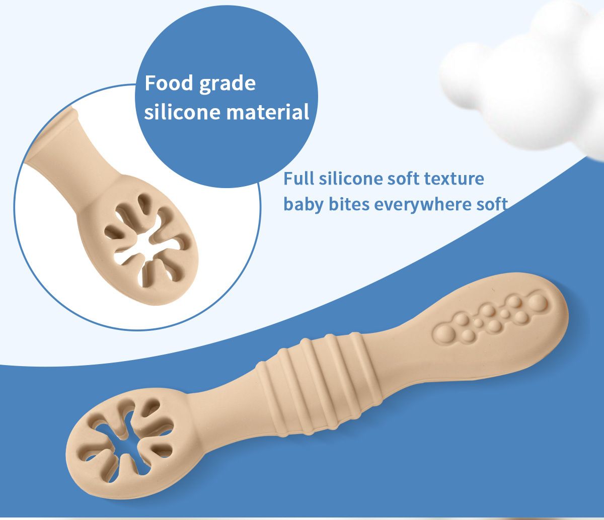Easy grip chunky handle on soft silicone baby feeding utensils