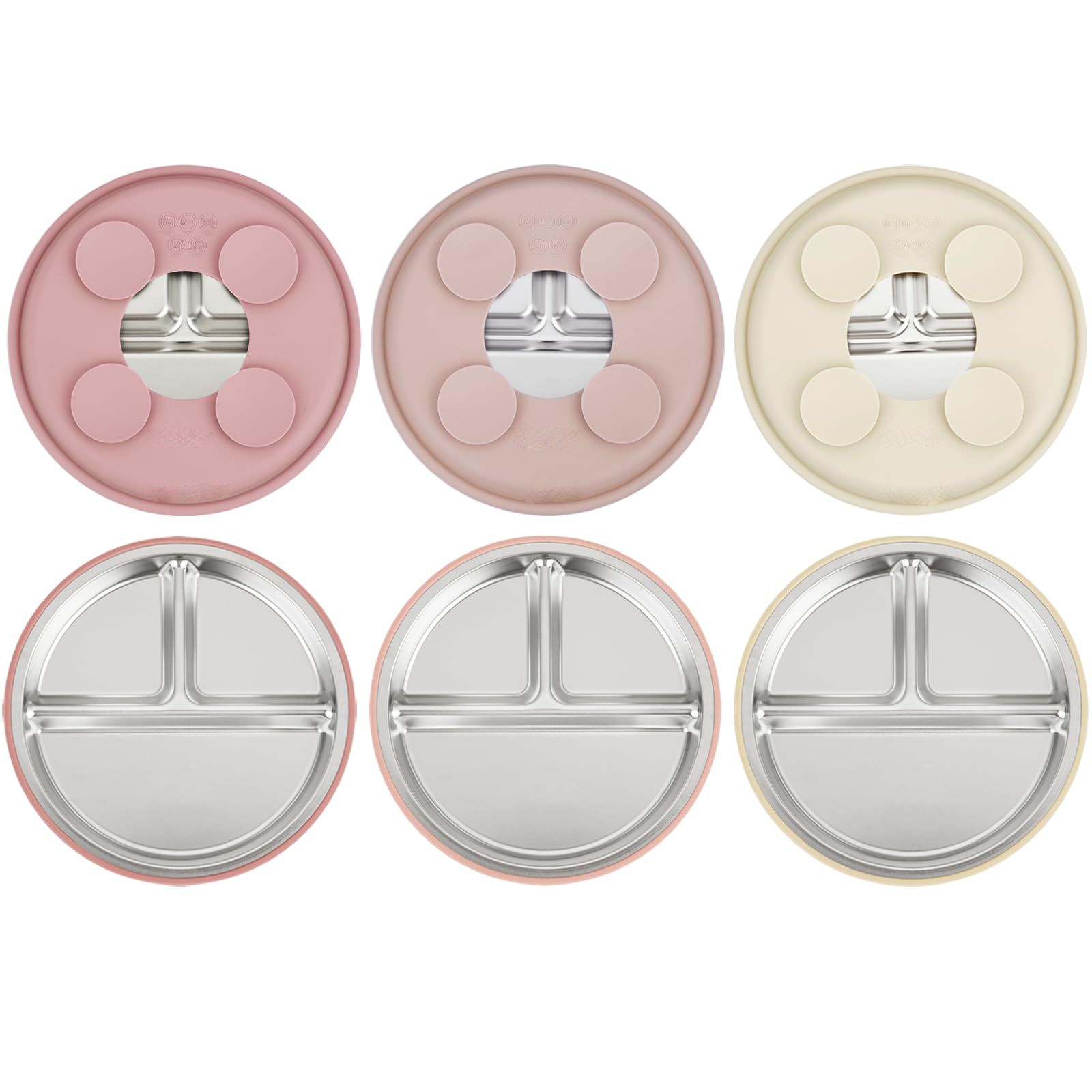 Wholesale divided stainless steel toddler plate with pink detachable suction base
