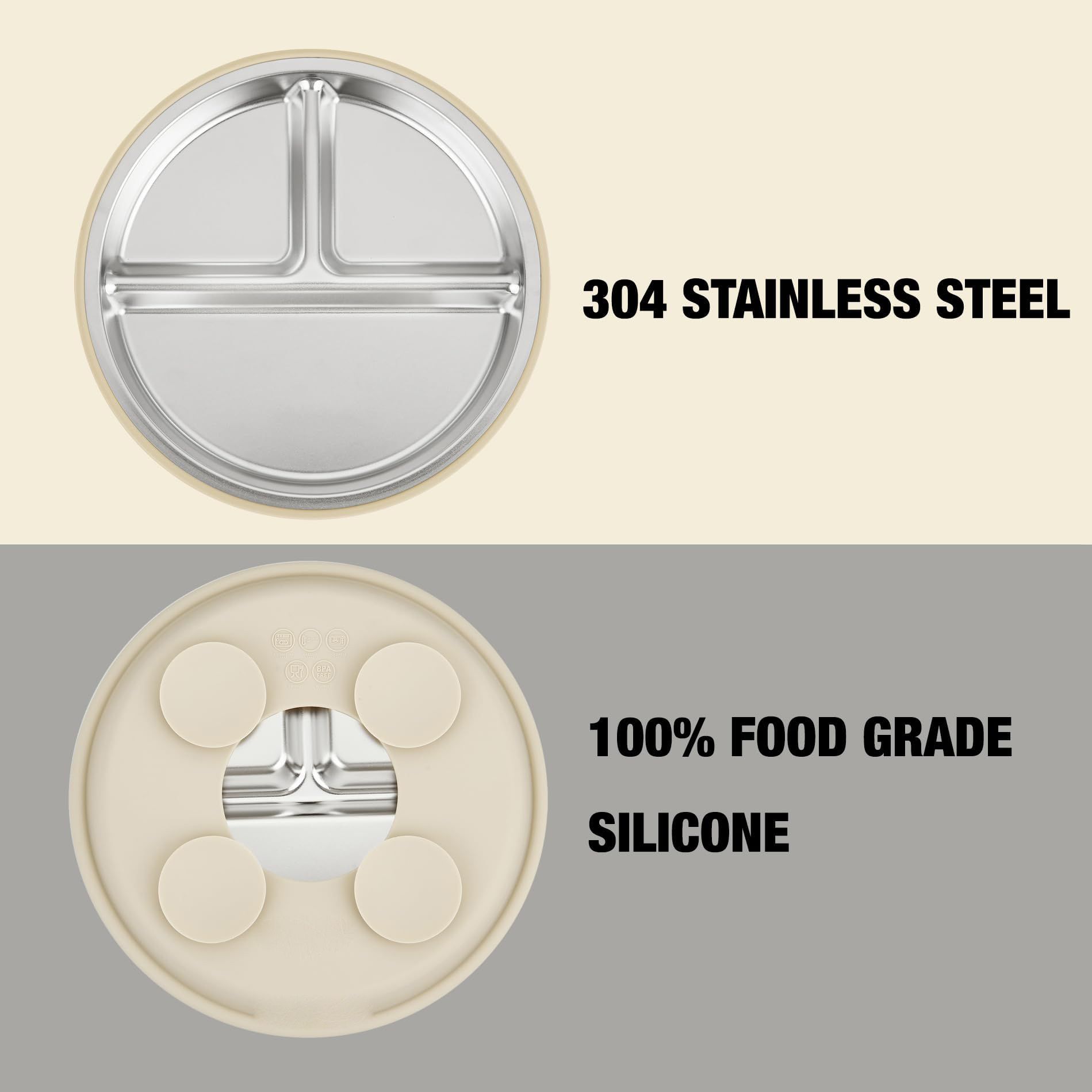 Detachable silicone suction base for easy cleaning of metal baby dish