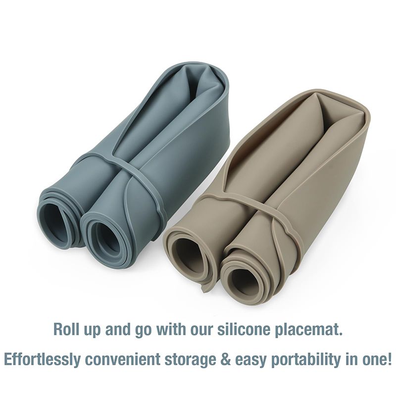 Easily rolled up portable silicone toddler meal mat for travel and restaurants