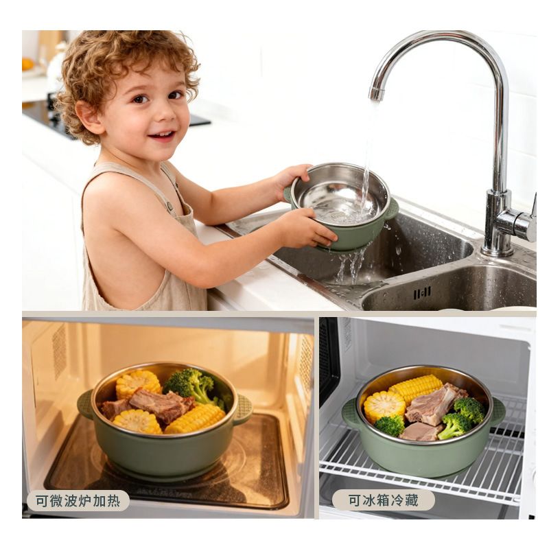 Textured double handles on heat insulated silicone baby feeding bowl