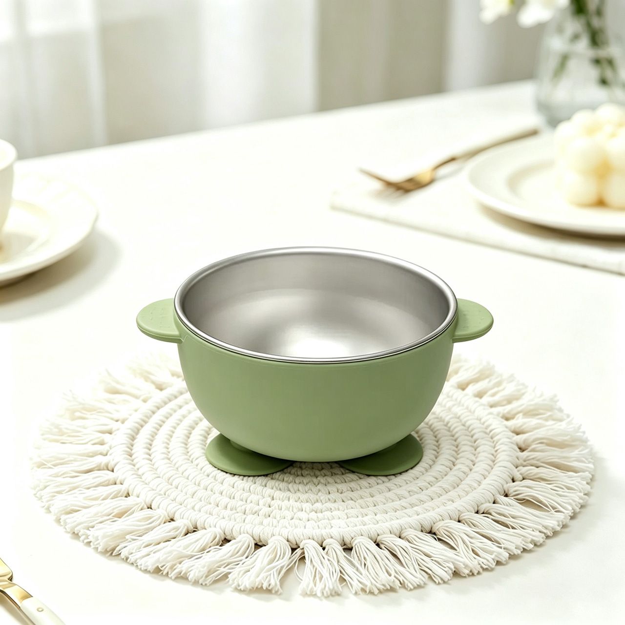 Textured dual training handles on heat insulated silicone baby tableware