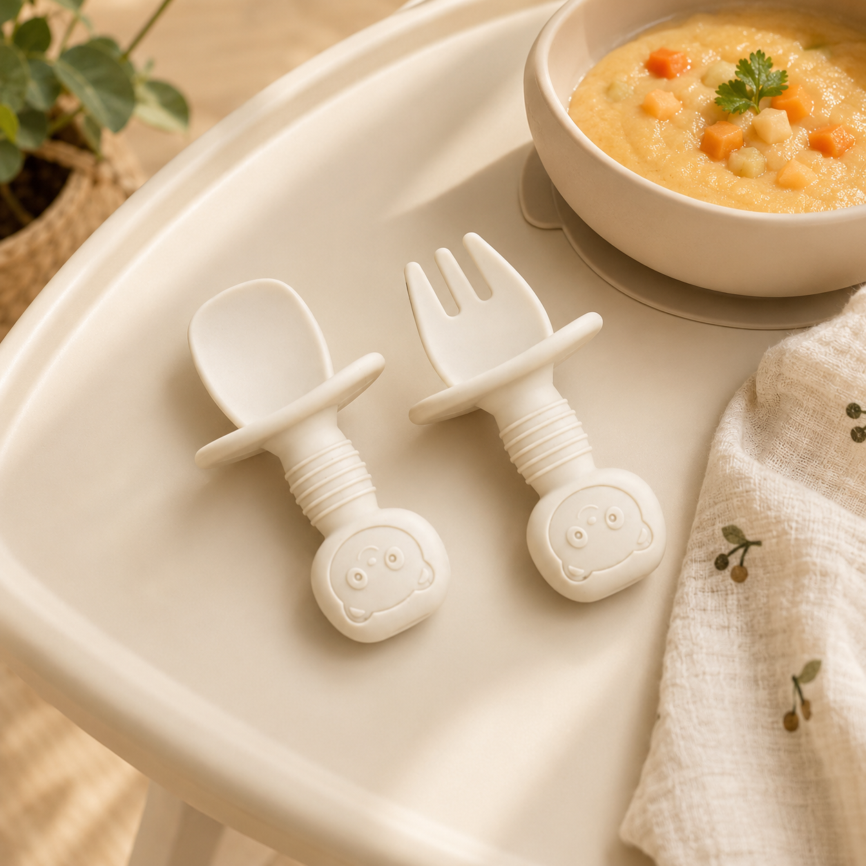 Wholesale grey silicone baby spoon and fork set with anti choke shield