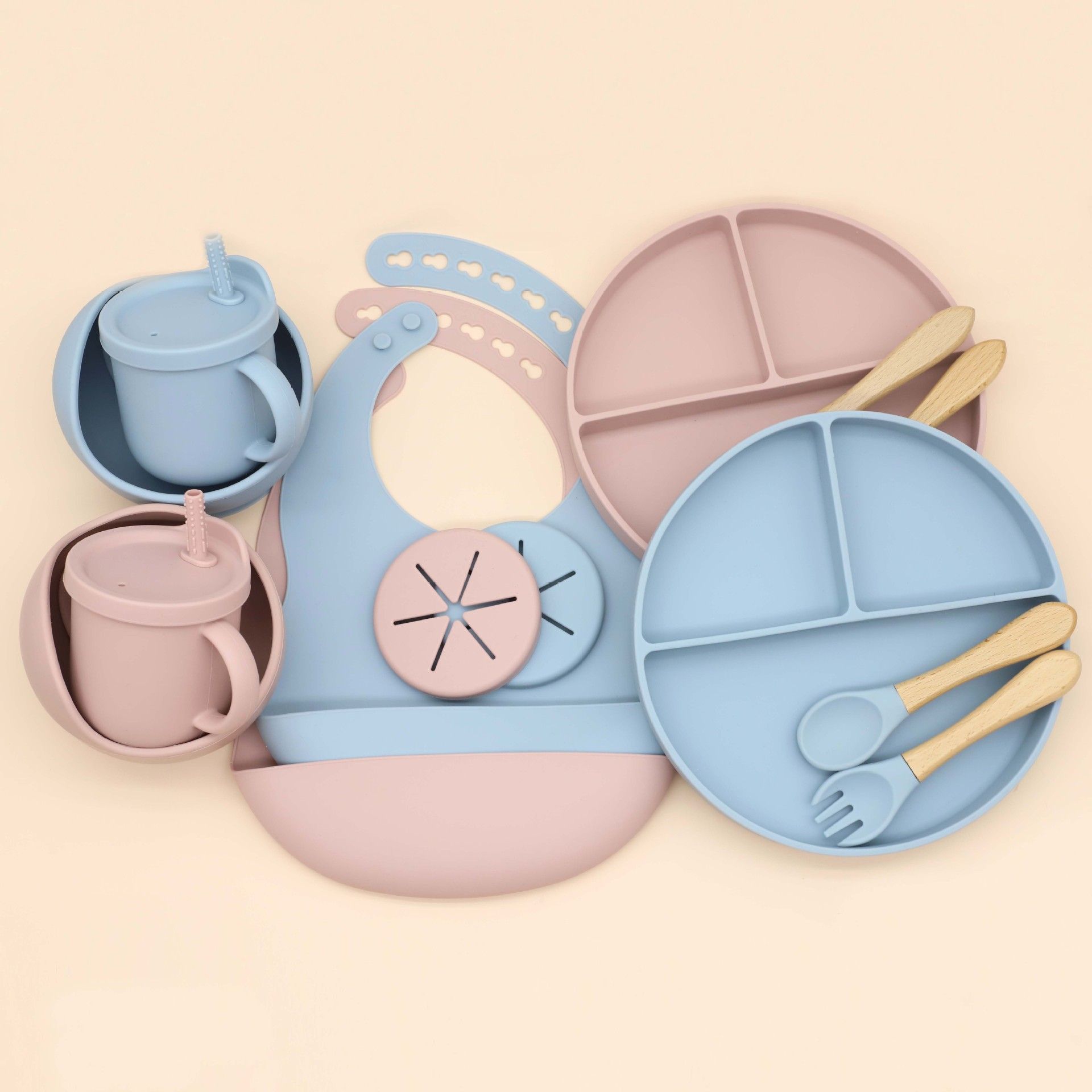 Silicone Baby Feeding Set 6 Piece with Suction Plate Bowl Straw Cup Bib Wooden Utensils
