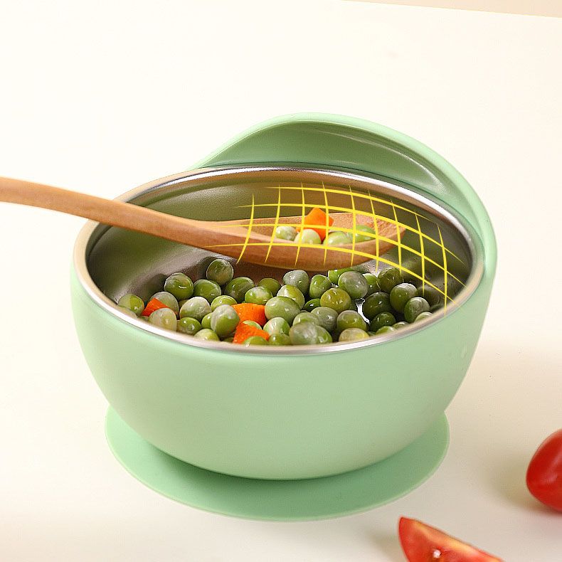 Raised scoop lip design on stainless steel toddler feeding bowl