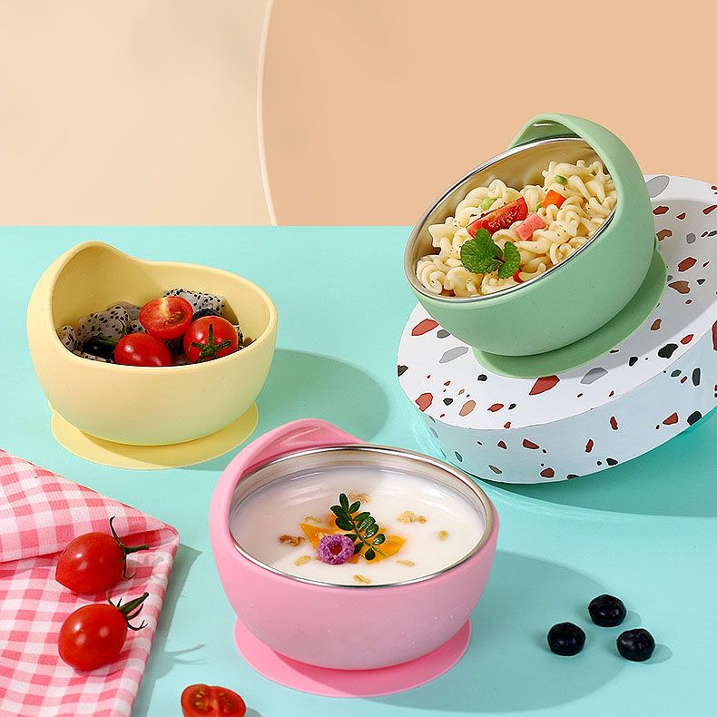 Wholesale 2-in-1 stainless steel baby suction bowls with colorful silicone shells